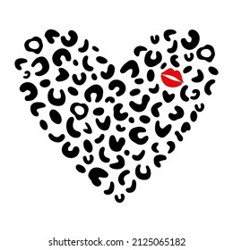 Hearts with Leopard print and Kiss. Black and white hand-drawn illustration for Valentines Day. Illustration isolated on white background. Good for posters, t shirts, postcards.