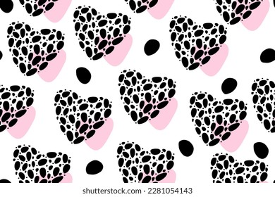 Hearts with leopard print. Seamless pattern. Wild animal fur texture and black and pink stains on white background