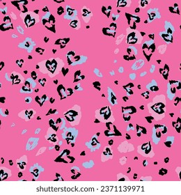 Hearts Leopard spots seamless pattern on pink background. Leopards hearts repeat ornament