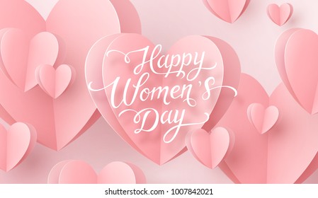 Hearts with lettering Happy Women's Day greeting card. Paper flying elements on pink background. Vector symbols of love in shape of heart for 8 March holiday postcard design.