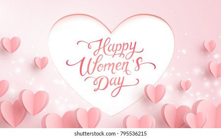 Hearts with lettering Happy Women's Day greeting card. Paper flying elements, glowing lights on pink background. Vector symbols of love in shape of heart for 8 March women holiday postcard design.