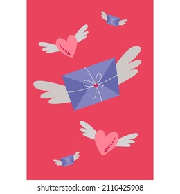Hearts and letters with wings. Vector image in boho style. valentine's day. A greeting card with a declaration of love.