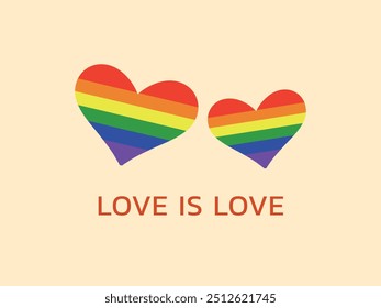 Hearts with lgbt flag. Two hearts on beige background, rainbow. Pride, inscription love is love. Vector illustration