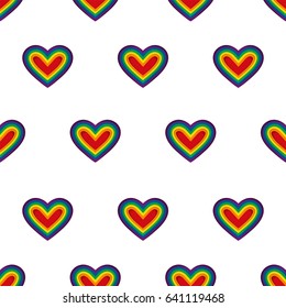 Hearts. LGBT. Vector. Seamless pattern. Rainbow hearts on white background. Repeating wallpaper. 