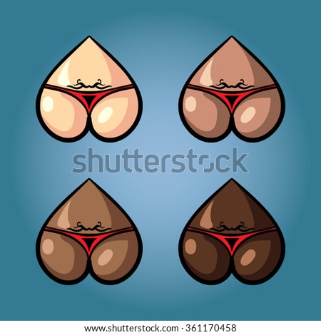 Hearts like cute asses in orange bikini with tattoo. The illustration of beautiful women's booty for Valentine's day. Vector holiday set of underwear.