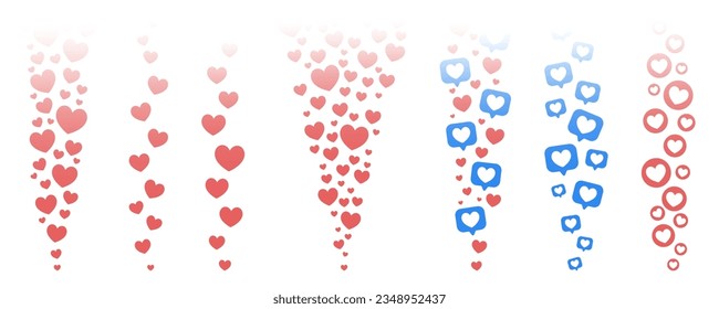 Hearts likes in live stream in social media. Flying up love reactions template on white background. Vector illustration.