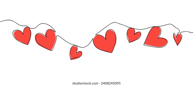 Hearts line art continuous one line drawing. Red hearts holiday card. Linear style. Valentine's Day, wedding, love, couple symbol icon. Romantic symbol. Doodle. Vector illustration.