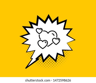 Hearts line icon. Comic speech bubble. Favorite like sign. Positive feedback symbol. Yellow background with chat bubble. Heart icon. Colorful banner. Vector