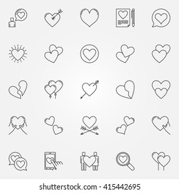 Hearts line icons set - vector collection of heart love signs or cute romantic logo elements