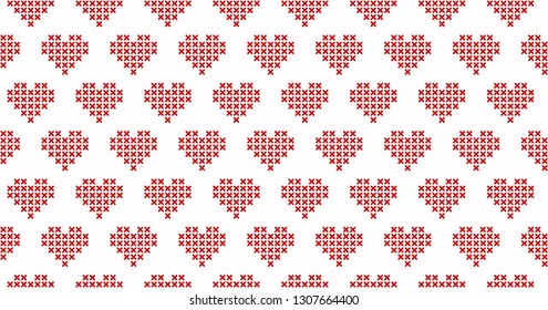 Hearts line pattern geometric background cross stitch embroidery cute elements motif abstract minimalist fabric print classy ornament graphic style. Casual repeating textile design, white, red colours