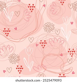 Hearts, lines, flowers seamless patern with nude spots. Vector illustration for Valentine's Day, wrapping paper, wallpaper, card