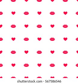 Hearts and lips imprints seamless pattern isolated on white background. Romantic design in red color.Red lips seamless pattern isolated on white background. Makeup 