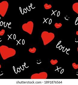 hearts, lips, love lettering and kisses seamless pattern. vector hand drawn doodle. wallpaper, textiles, wrapping paper. red, valentines day wedding