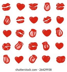 Hearts, lips and roses. Vector illustration.