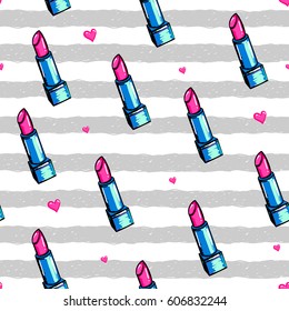 Hearts, Lipstick seamless pattern for girls, fashion clothes, textile, wrapping paper. Abstract girlish beauty repeated backdrop on white and grey stripes background. Fancy colorful wallpaper