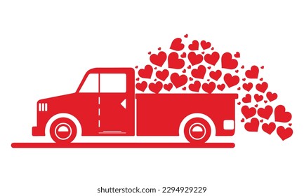 Hearts Loaded Pickup Truck Vector Art Sticker Svg Design Valentine pink truck , letters, gift box. Watercolor Valentine's Day car, heart balloons, love wedding car graphics.  svg