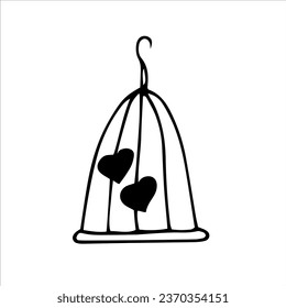 Hearts locked in a cage. Template design, background, sketch, icon, clipart. Vector black and white hand-drawn doodles.