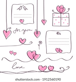 Hearts and love concept. Set of cute hand drawn design elements for Valentine's day theme  card, poster, banner