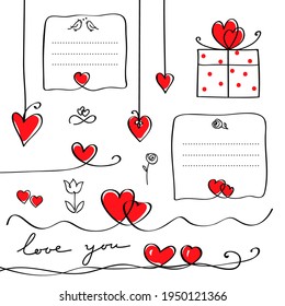 Hearts and love concept. Set of cute hand drawn design elements for Valentine's day theme card, poster, banner