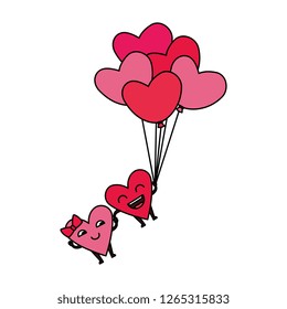 hearts love couple with balloons air kawaii characters