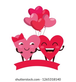 hearts love couple with balloons air kawaii characters