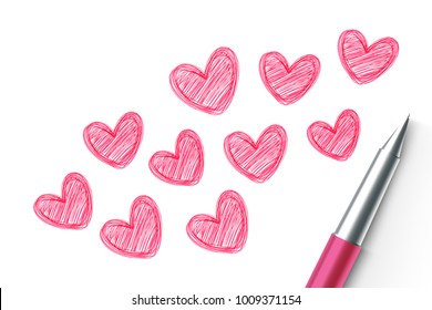 Hearts love couple symbol hand drawing by pen sketch pink color, valentine concept design illustration isolated on white background, with copy space