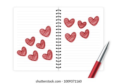 Hearts love couple symbol hand drawing by pen sketch red color with notebook, valentine concept design illustration isolated on white background, with copy space