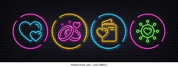 Hearts, Love document and Marriage rings minimal line icons. Neon laser 3d lights. Dating network icons. For web, application, printing. Romantic relationships, Registry office, Engagement. Vector