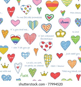 Hearts Love doodle pattern, seamless, vector.