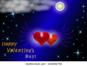 Hearts in love on the wings of love soar into the night sky. Valentine's Day.