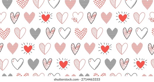 Corazones, amor. Patrón, iconos del día de San Valentín, dibujado a mano. Fondo sin fisuras. Garabatos, dibujos de contorno. Diseño de Boda. Fondo repetitivo festivo.