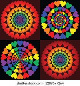 Hearts Love Rainbows is an illustration of heart shapes in circular patterns in several different rainbow colored versions. Represents love and diversity. Great for Valentines Day designs.