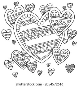 Hearts love romantic flower blossom lined doodle coloring book page black and white background art therapy relax psychology lace