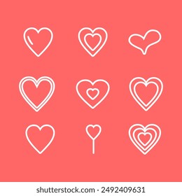 Hearts love set. outline and solid vector illustration. Valentines Day february, pink backround