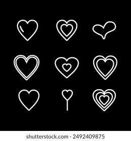 Hearts love set. outline and solid vector illustration. Valentines Day february, black backround