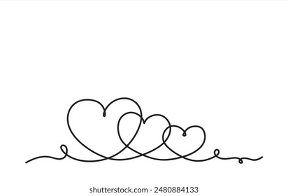 Hearts and love sign in continuous one line drawing. Thin flourish and romantic symbol in simple linear style.  Minimalistic Doodle vector illustration
