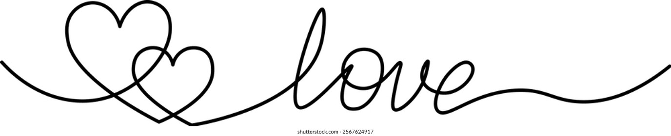 Hearts and love sign in continuous one line drawing. Love symbol on transparent background. Banner for valentine's day. Abstract hearts. Editable stroke, hand drawn sketch minimalism illustration