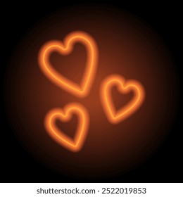 Hearts, love simple icon vector. Flat design. Orange neon on black background.ai