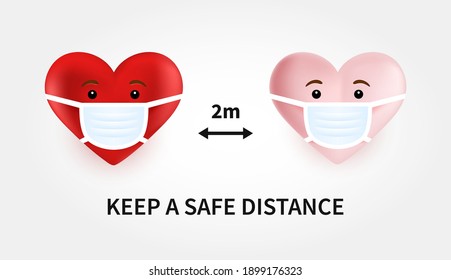 Hearts love. Social distance. Medical masks. Valentines day. Vector