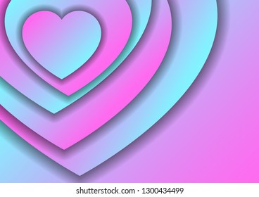 Hearts love symbol for Valentine's day from blue and pink gredients paper cut layers with shadows for banner, poster, greeting card. Vector illustration.