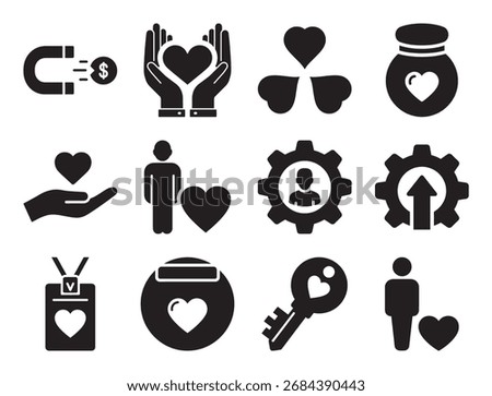 Hearts and love symbols solid glyph icon set for care and affection showing various heart designs for romance and emotional expression vector elements