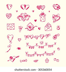 Hearts. Love symbols. Valentine's Day elements. Hand drawn doodles Vector illustration. Happy Valentine's day.
