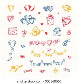 Hearts. Love symbols. Valentine's Day elements. Hand drawn doodles Vector illustration. Happy Valentine's day.