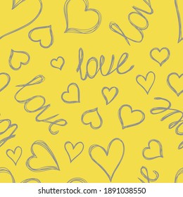 Hearts and love. Yellow and gray seamless pattern. Hand drawn vector illustration. Pen or marker doodle sketch. Line art silhouettes. Repeat contour drawing