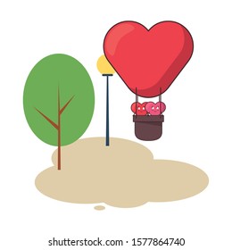 hearts lovers couple in balloon air hot characters vector illustration design