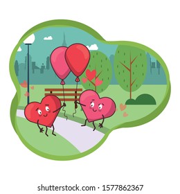 hearts lovers couple characters with balloons helium vector illustration design