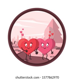 hearts lovers couple characters in the field vector illustration design