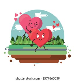 hearts lovers couple characters in the field vector illustration design