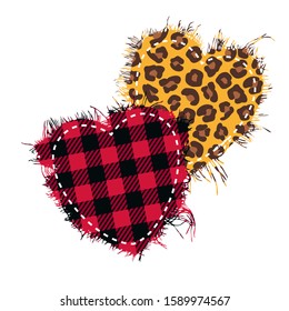 
Hearts made fabric and torn edges  Buffalo plaid   leopard   Decorative elements for wedding Valentines Day 