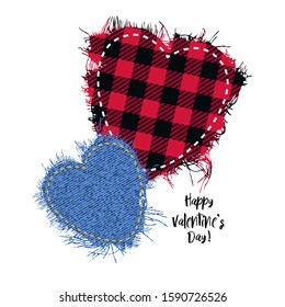 
Hearts made fabric and torn edges  Buffalo plaid   denim  Decorative elements for wedding Valentines Day 